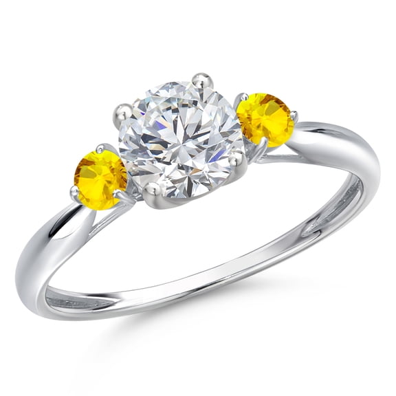 Gem Stone King 10K White Gold Lab Grown Diamond and Yellow Sapphire 3-Stone Ring for Women | 1.01 Cttw | Round 6MM | Gemstone April Birthstone | Size 7