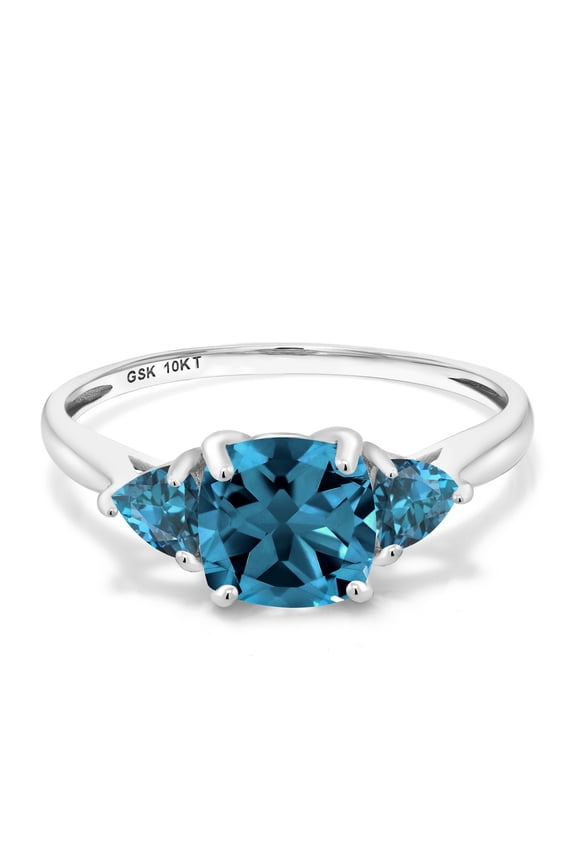 10K White Gold London Blue Topaz 3-Stone Engagement Ring | 2.39 Cttw | 7MM Cushion and 4MM Trillion | Three Stone Wedding Anniversary Promise Ring for Women (Size 9)