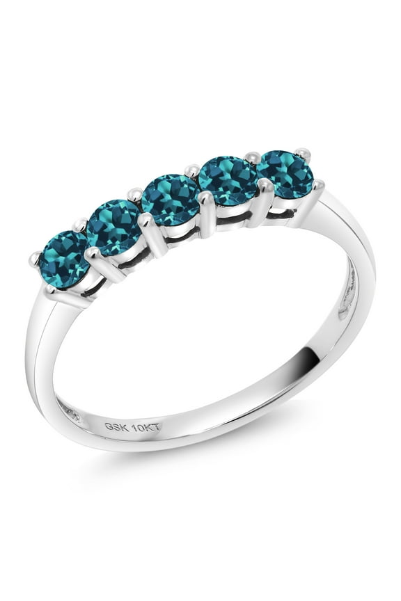 10K White Gold London Blue Topaz 5 Stone Wedding Engagement Anniversary Promise Ring for Women (0.65 Cttw, Round 3MM, Gemstone November Birthstone, Available in Size 5, 6, 7, 8, 9)