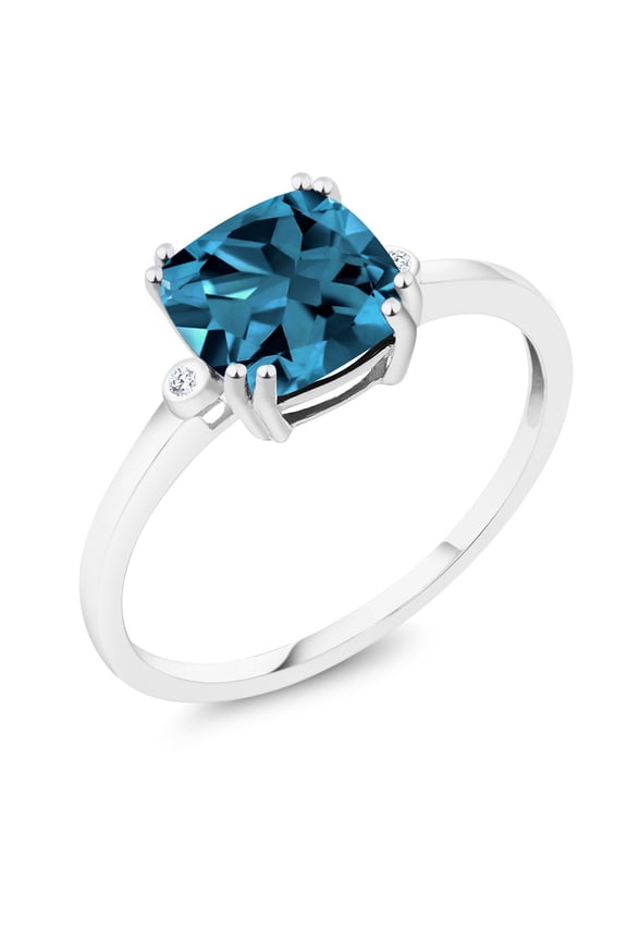 10K White Gold London Blue Topaz and Diamond Engagement Ring for Women (2.74 Cttw, Cushion 8MM, Gemstone Birthstone, Available in Size 5, 6, 7, 8, 9)