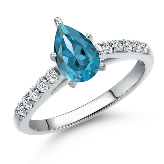 Gem Stone King 10K White Gold London Blue Topaz and Lab Grown Diamond Engagement Ring for Women | 1.13 Cttw | Pear Shape 8X5MM | Gemstone November Birthstone | Size 6