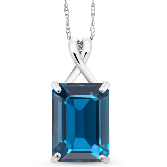 Gem Stone King 10K White Gold London Blue Topaz Pendant Necklace for Women (9.50 Cttw, Gemstone November Birthstone, Emerald Cut Cut 14x10MM, with 18 inch Chain)