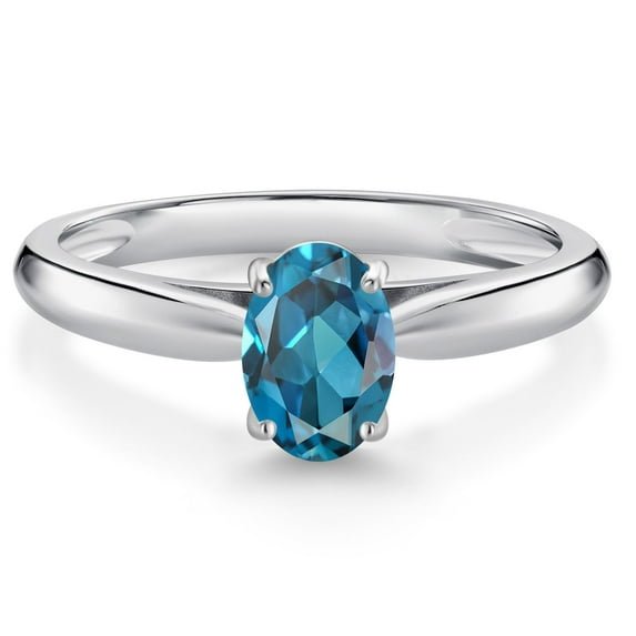 Gem Stone King 10K White Gold London Blue Topaz Solitaire Engagement Ring for Women (1.00 Cttw, Oval 7X5MM, Gemstone November Birthstone, Size 8)