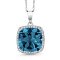thumbnail image 1 of Gem Stone King 10K White Gold London Blue Topaz & White Created Sapphire Pendant Necklace for Women (8.54 Cttw, Gemstone Birthstone, Cushion Cut 12MM, with 18 inch Chain), 1 of 5