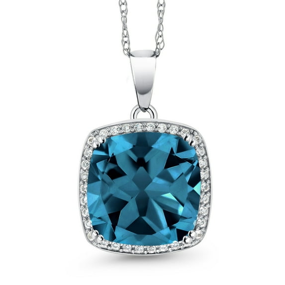 Gem Stone King 10K White Gold London Blue Topaz & White Created Sapphire Pendant Necklace for Women (8.54 Cttw, Gemstone Birthstone, Cushion Cut 12MM, with 18 inch Chain)