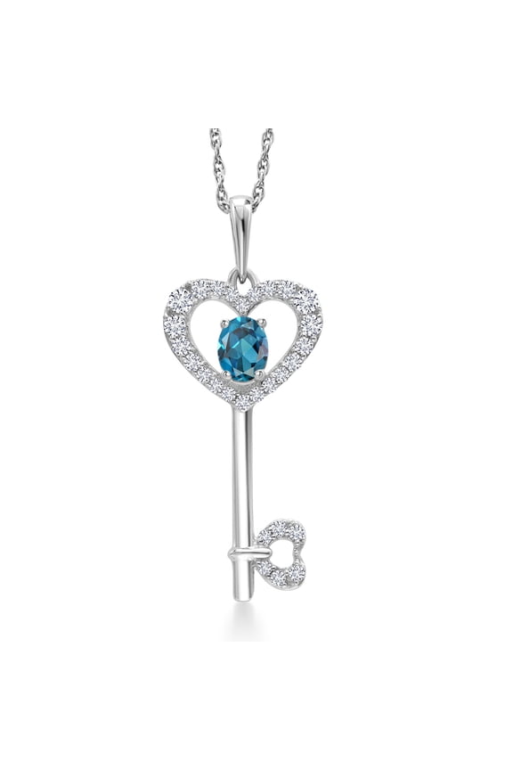 10K White Gold London Blue Topaz and White Lab Grown Diamond Heart Shape Key Pendant Necklace for Women (0.35 Cttw, Gemstone November Birthstone, with 18 inch Chain)