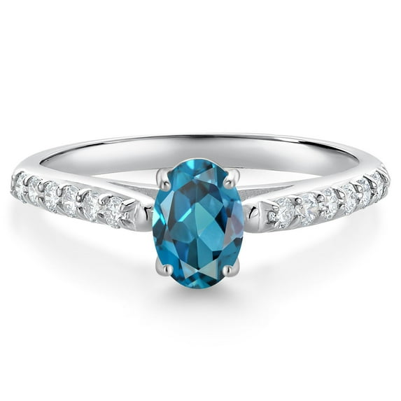 Gem Stone King 10K White Gold London Blue Topaz and White Lab Grown Diamond Soitaire Engagement Ring for Women (1.18 Cttw, Oval 7X5MM, Gemstone November Birthstone, Available in Size 5, 6, 7, 8, 9)