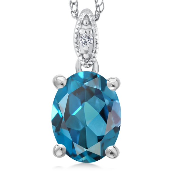 Gem Stone King 10K White Gold London Blue Topaz and Diamond Pendant Necklace for Women (1.80 Cttw, Oval 9X7MM, With 18 inch Chain)