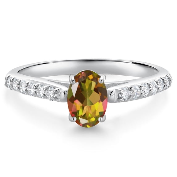 Gem Stone King 10K White Gold Mango Mystic Topaz and White Lab Grown Diamond Soitaire Engagement Ring for Women (1.38 Cttw, Oval 7X5MM, Gemstone Birthstone, Available in Size 5, 6, 7, 8, 9)