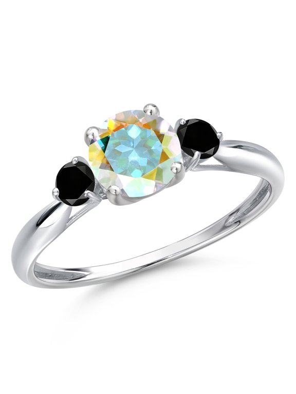10K White Gold Mercury Mist Mystic Topaz and Black Diamond 3-Stone Ring for Women | 1.20 Cttw | Round 6MM | Gemstone November Birthstone | Size 5