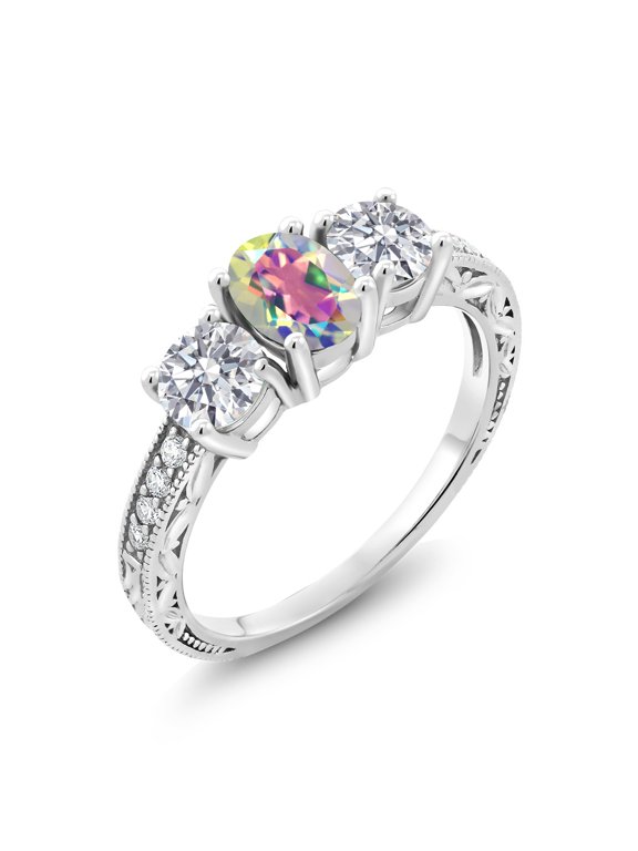 10K White Gold Mercury Mist Mystic Topaz and Lab Grown Diamond Engagement Ring for Women | 2.12 Cttw | Oval 7X5MM | Gemstone November Birthstone | Size 5