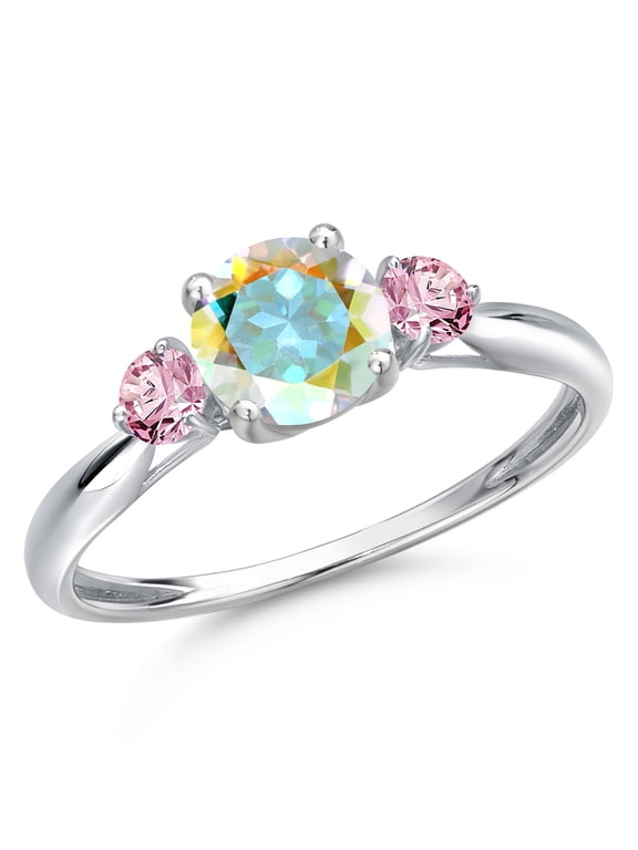 10K White Gold Mercury Mist Mystic Topaz and Pink Lab Grown Diamond 3-Stone Ring for Women | 1.26 Cttw | Round 6MM | Gemstone November Birthstone | Size 5