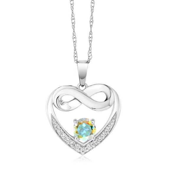 Gem Stone King 10K White Gold Mercury Mist Mystic Topaz and White Lab Grown Diamond Heart and Infinity Pendant Necklace for Women (0.97 Cttw, Round 5MM, with 18 inch Silver Chain)