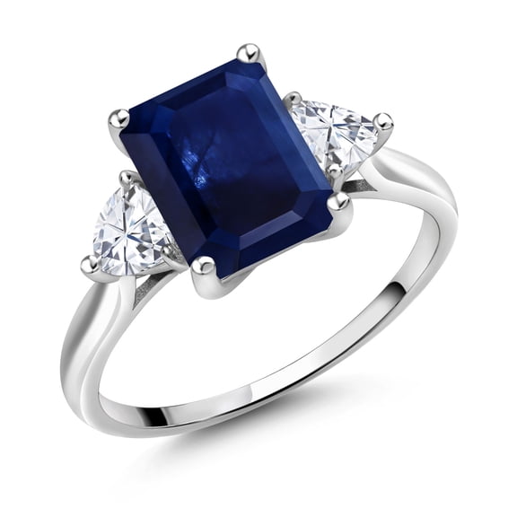 Gem Stone King 10K White Gold Moissanite Ring | 2.98 Cttw | Emerald Cut 9X7MM | Trillion 4MM | Three Stone Wedding Engagement Anniversary Promise 3-Stone White Gold Ring for Women