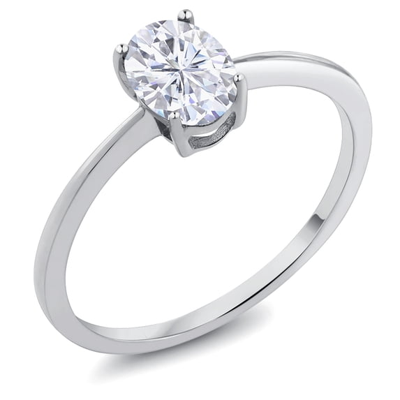 Gem Stone King 10K White Gold Moissanite Solitaire Engagement Ring for Women (0.90 Cttw, Oval 7X5MM, Gemstone Birthstone, Size 7.5)
