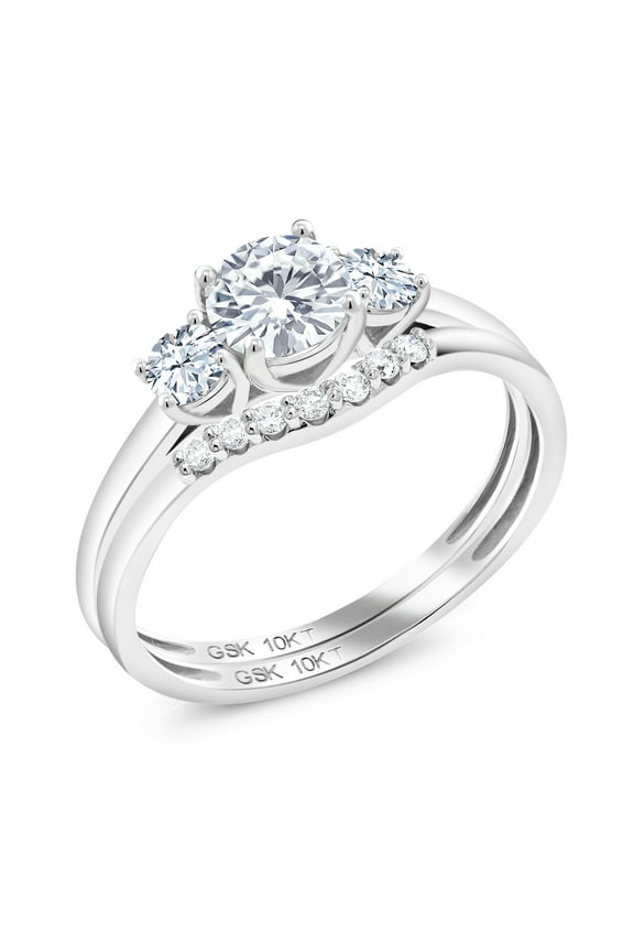 10K White Gold Moissanite and White Created Sapphire and Lab Grown Diamond 3-Stone Bridal Engagement Wedding Ring Set for Women (0.83 Cttw, , Round 5MM, Size 8)