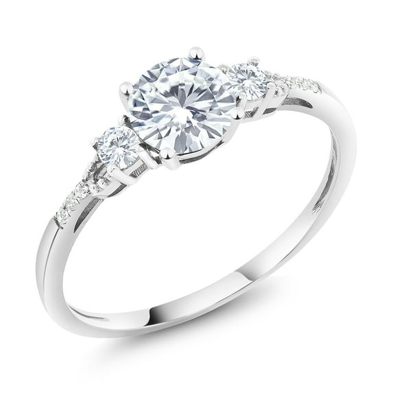 Gem Stone King 10K White Gold Moissanite White Created Sapphire and White Diamond Accent 3-Stone Engagement Ring for Women (0.94 Cttw, Round 6MM, Gemstone Birthstone, Size 5)