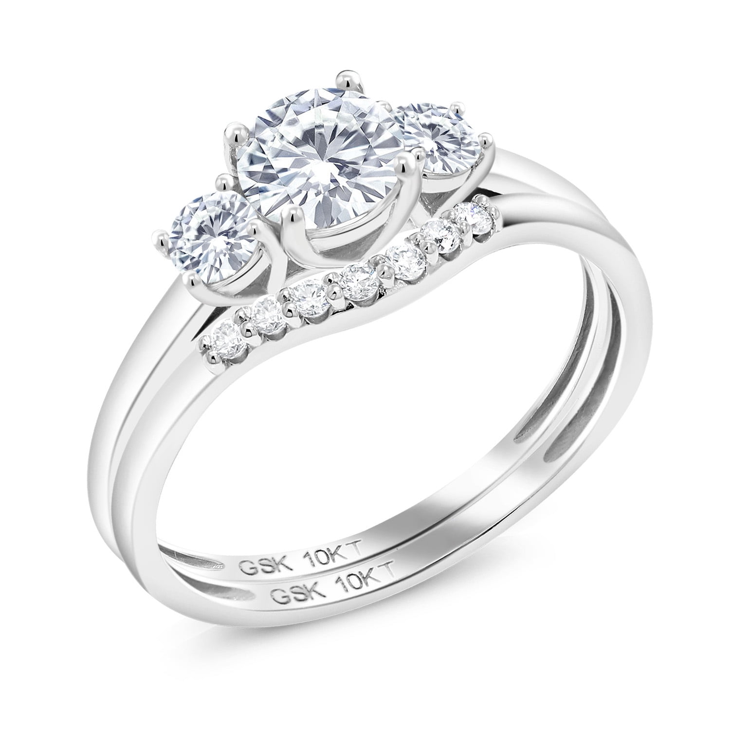 Gem Stone King 10K White Gold Moissanite and White Lab Grown Diamond 3-Stone Bridal Engagement Wedding Ring Set for Women | 0.74 Cttw | Round 5MM | Available in Size 5, 6, 7, 8, 9 | Size 7