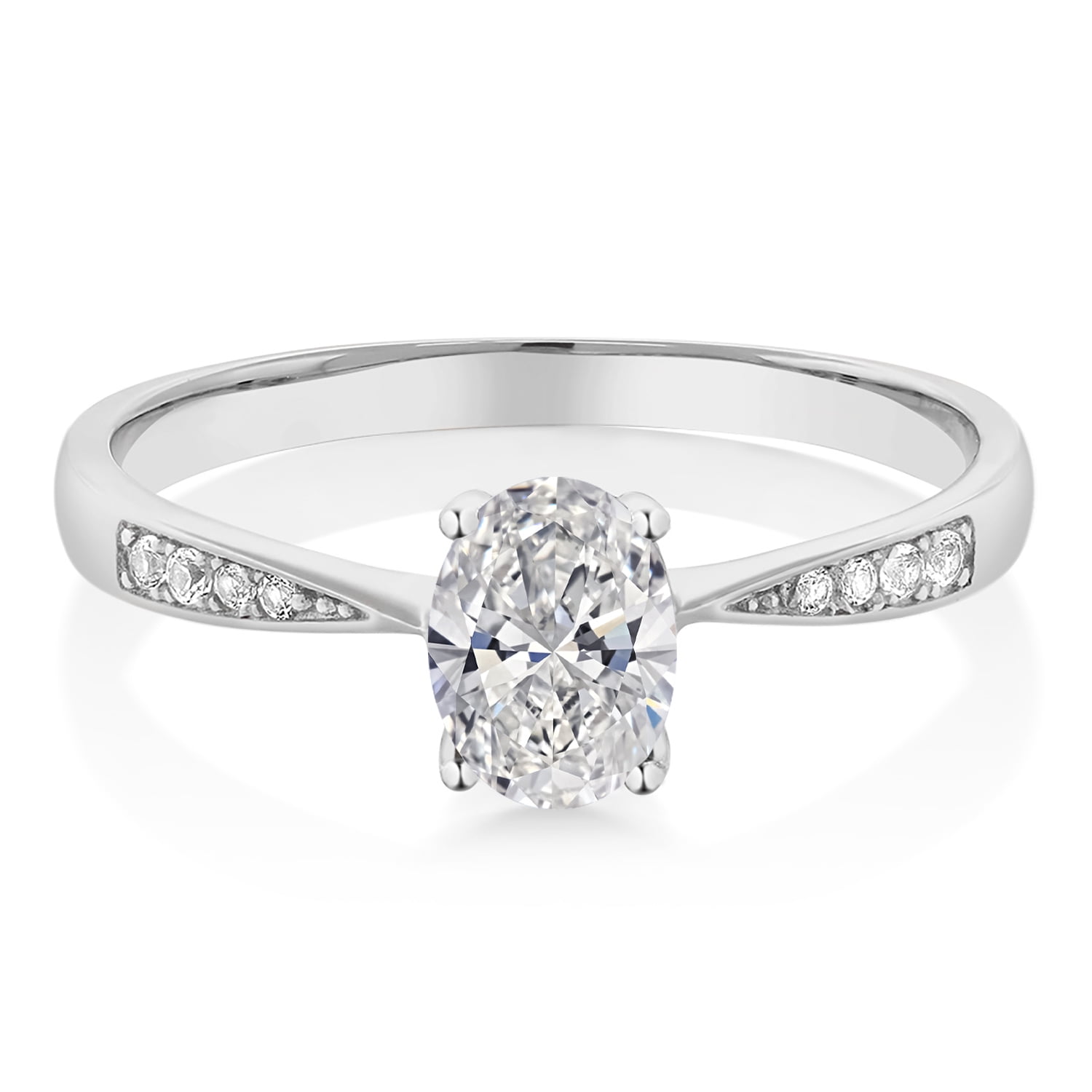 Gem Stone King 10K White Gold Moissanite and Accent Diamond Engagement Ring for Women | 1.00 cttw | Gemstone Birthstone | Oval 7X5MM |Size 9