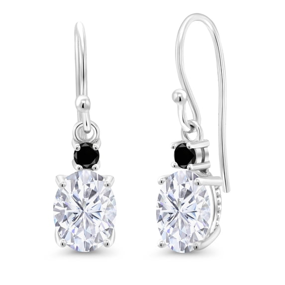 Gem Stone King 10K White Gold Moissanite and Black Diamond Dangle Earrings for Women (3.13 Cttw, Gemstone Birthstone, Oval 8x6mm)