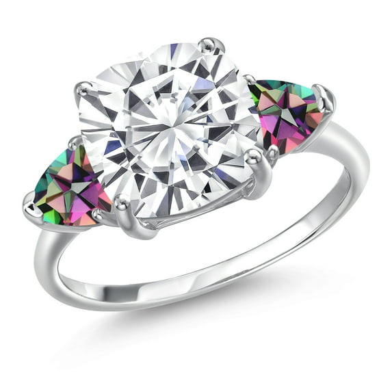 Gem Stone King 10K White Gold Moissanite and Green Mystic Topaz Engagement Ring for Women | 6.20 Cttw | Cushion 10MM | Gemstone Birthstone | Size 8