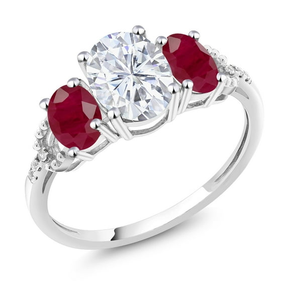 Gem Stone King 10K White Gold Moissanite and Ruby 3-Stone Ring for Women | 2.74 Cttw | Oval 8X6MM and 6X4MM (Size 7)