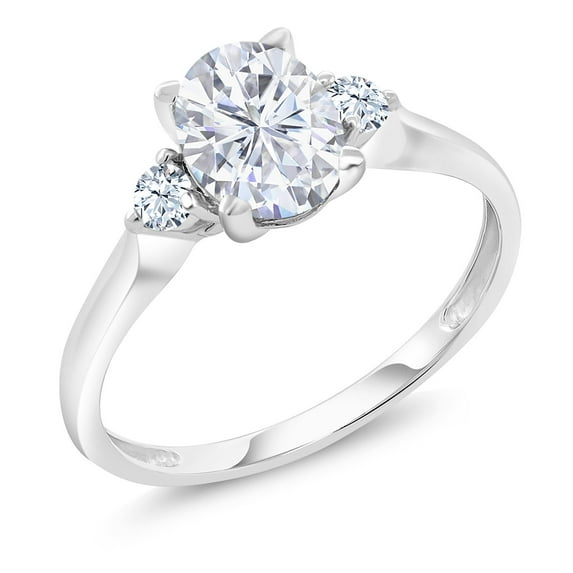 Gem Stone King 10K White Gold Moissanite and White Created Sapphire Women Solitaire Ring (1.60 Cttw, Oval 8X6MM, Available in Size 5,6,7,8,9)