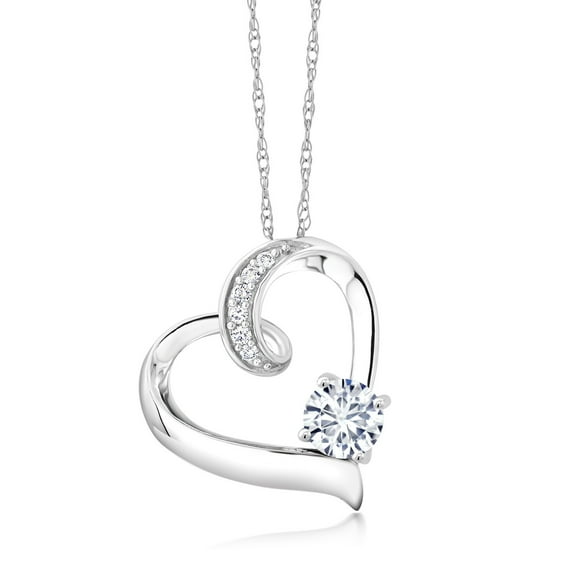 Gem Stone King 10K White Gold Moissanite and White Lab Grown Diamond Heart Pendant Necklace for Women (0.53 Cttw, Round 5MM with 18 inch Chain)