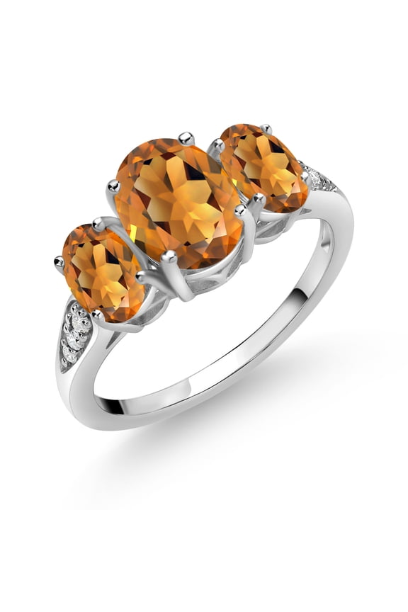 10K White Gold Orange Red Madeira Citrine and White Lab Grown Diamond 3 Stone Engagement Ring for Women (1.94 Cttw, Gemstone Birthstone, Available in Size 5, 6, 7, 8, 9)