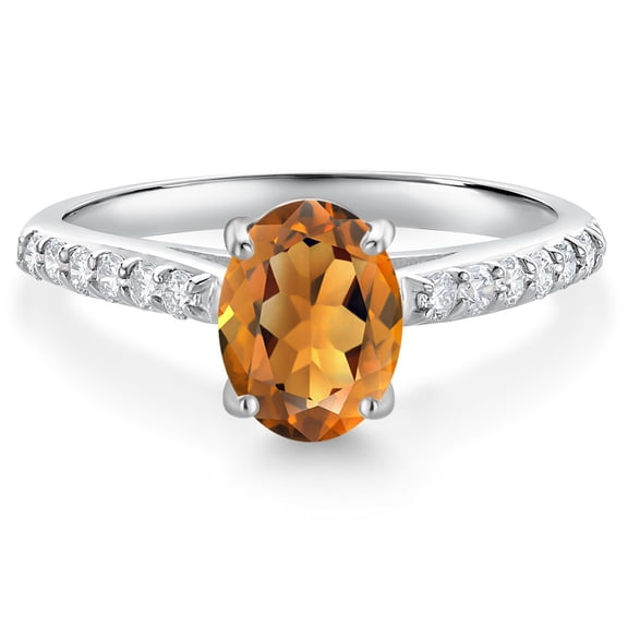 Gem Stone King 10K White Gold Orange Red Madeira Citrine and White Lab Grown Diamond Engagement Ring for Women (1.28 Cttw, Oval 8X6MM, Gemstone Birthstone, Size 5)