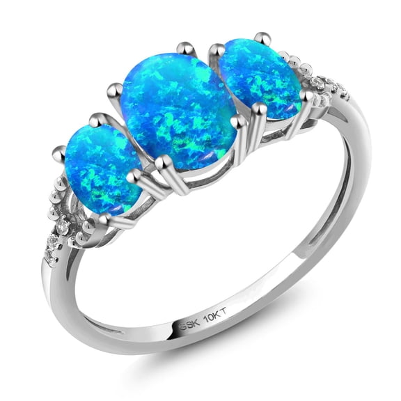 Gem Stone King 10K White Gold Oval Cabochon Blue Simulated Opal and White Diamond 3-Stone Engagement Ring for Women (1.65 Cttw, Size 6)