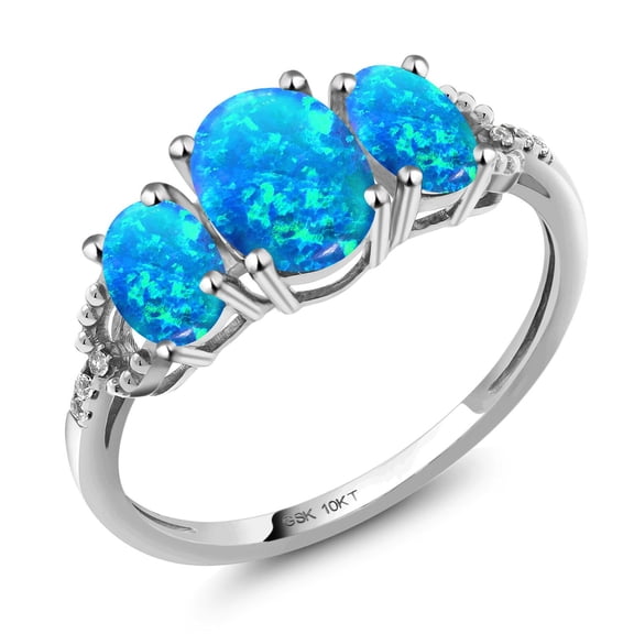 Gem Stone King 10K White Gold Oval Cabochon Blue Simulated Opal and White Diamond 3-Stone Engagement Ring for Women (1.65 Cttw, Size 6)