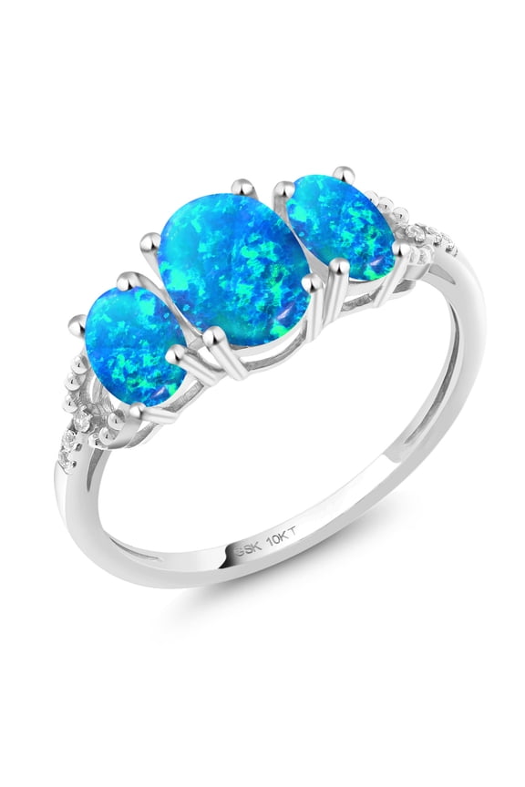 10K White Gold Oval Cabochon Blue Simulated Opal and White Diamond 3-Stone Engagement Ring for Women (1.65 Cttw, Size 6)