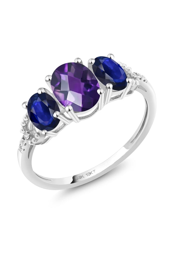 10K White Gold Oval Checkerboard Purple Amethyst Blue Sapphire and Diamond 3-Stone Women Engagement Ring (4.41 Cttw, Gemstone Birthstone, Size 7)