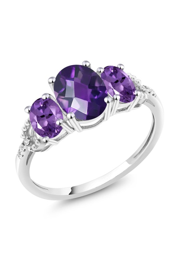10K White Gold Oval Checkerboard Purple Amethyst and Diamond Accent 3-Stone Engagement Ring for Women | 1.75 Cttw | Three Stone Wedding Anniversary Gold Ring (Size 6.5)