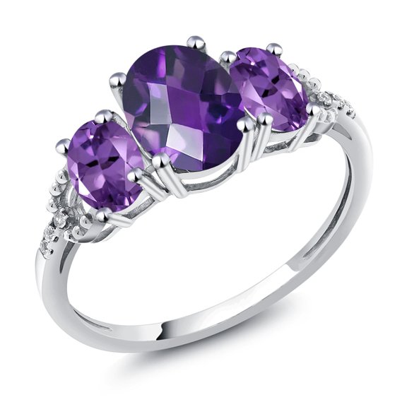 Gem Stone King 10K White Gold Oval Checkerboard Purple Amethyst and Diamond Accent 3-Stone Engagement Ring for Women | 1.75 Cttw | Three Stone Wedding Anniversary Gold Ring (Size 6)