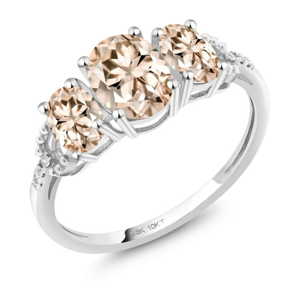 Gem Stone King 10K White Gold Oval Peach Morganite and Diamond Engagement 3-Stone Ring for Women | 1.67 Cttw | Gemstone Birthstone | Oval 7X5MM and 6X4MM (Size 7)