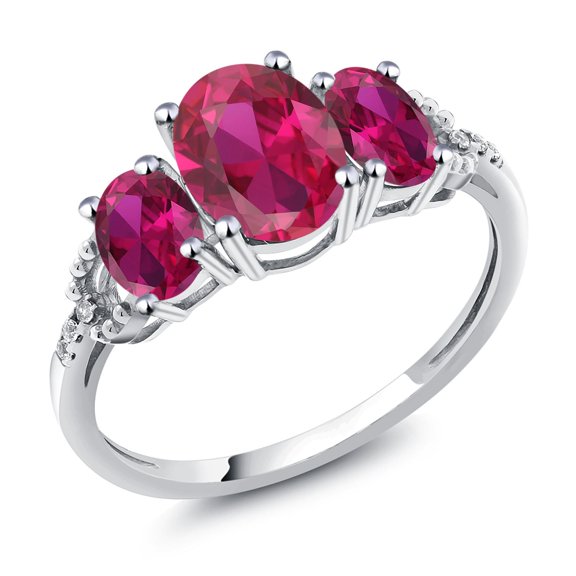Gem Stone King 10K White Gold Oval Red Created Ruby and Diamond Accent 3-Stone Engagement Ring for Women | 2.20 Cttw | Wedding Engagement Anniversary Promise Ring for Women| Size 9.5