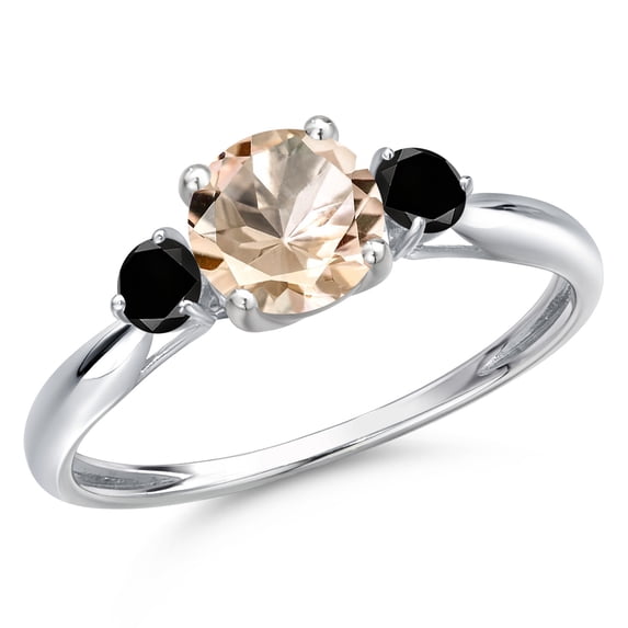 Gem Stone King 10K White Gold Peach Morganite and Black Diamond 3-Stone Ring for Women | 0.80 Cttw | Round 6MM | Gemstone October Birthstone | Size 8