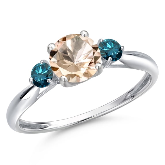 Gem Stone King 10K White Gold Peach Morganite and Blue Diamond 3-Stone Ring for Women | 0.80 Cttw | Round 6MM | Gemstone October Birthstone | Size 7