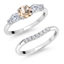 Gem Stone King 10K White Gold Peach Morganite and VVS-VS Lab Grown Diamond 5-Stone Bridal Engagement Wedding Ring Set for Women | 0.71 Cttw | Round: 5MM and 3MM (Size 6)