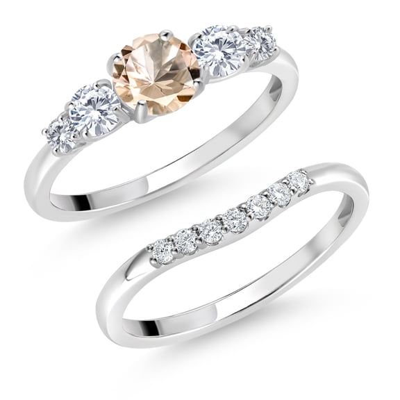 Gem Stone King 10K White Gold Peach Morganite and VVS-VS Lab Grown Diamond 5-Stone Bridal Engagement Wedding Ring Set for Women | 0.71 Cttw | Round: 5MM and 3MM (Size 6)