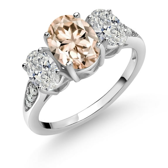 Gem Stone King 10K White Gold Peach Morganite, White Lab Grown Diamond Engagement Ring for Women | 1.84 Cttw | Oval 8X6MM | Gemstone October Birthstone | Size 5