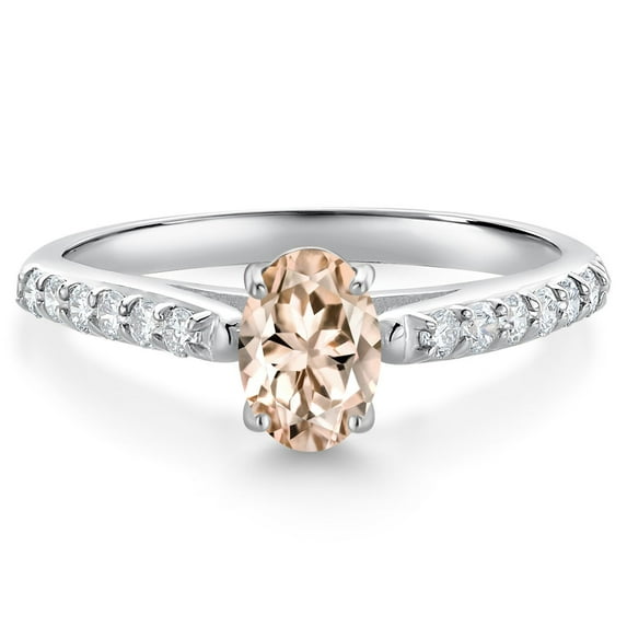 Gem Stone King 10K White Gold Peach Morganite and White Lab Grown Diamond Soitaire Engagement Ring for Women (0.83 Cttw, Oval 7X5MM, Gemstone October Birthstone, Available in Size 5, 6, 7, 8, 9)
