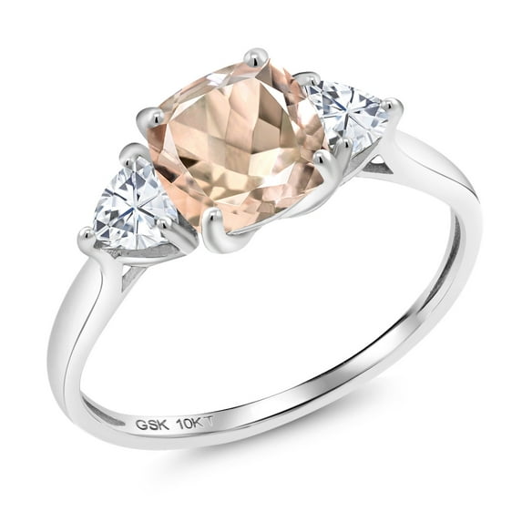 Gem Stone King 10K White Gold Peach Morganite and White Moissanite 3-Stone Engagement Ring for Women (1.76 Cttw, 7MM Cushion and 4MM Trillion, Size 7)