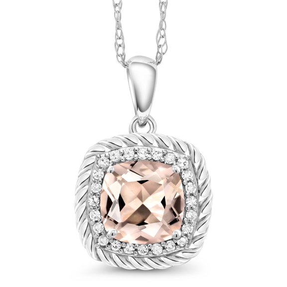 Gem Stone King 10K White Gold Peach Morganite and White Diamond Pendant Necklace for Women (1.47 Ct Cushion 7MM, with 18 inch Chain)