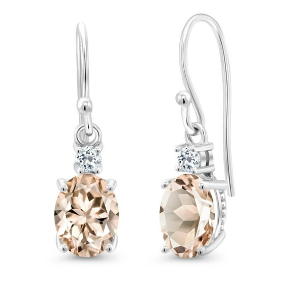 Gem Stone King 10K White Gold Peach Morganite and White Topaz Dangle Earrings for Women (2.16 Cttw, Gemstone Birthstone, Oval 8x6mm)