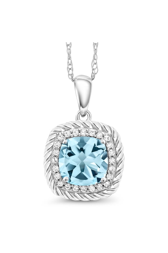 10K White Gold Pendant 2.02 Ct Cushion Sky Blue Topaz White Diamond