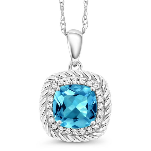 Gem Stone King 10K White Gold Pendant 2.02 Ct Cushion Swiss Blue Topaz White Diamond