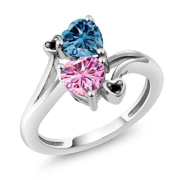 Gem Stone King 10K White Gold Persian Blue Moissanite and Pink Moissanite and Black Diamond Engagement Ring for Women (1.63 Cttw, Gemstone Birthstone, Heart Shape 6MM, Size 5)